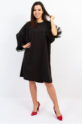 Extra nagy méretű csillámos pöttyös anyagú tüll ujjú alkalmi midi ruha