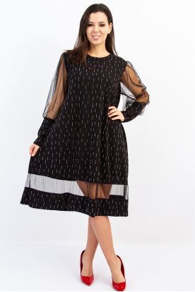 A-vonalú egyedi mintával elegáns tüllbetétes szexi midi ruha mandzsettás tüllujjal