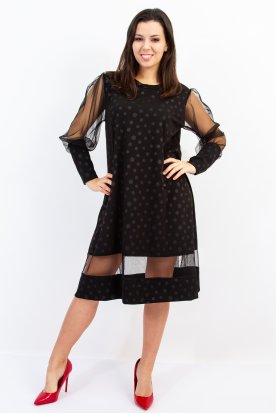 A-vonalú pöttyös mintával elegáns tüllbetétes szexi midi ruha mandzsettás tüllujjal