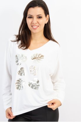 RUCY FASHION Hosszú ujjú laza blúz - pálma mintával ekrü