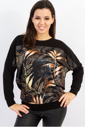 RUCY FASHION Hosszú ujjú passzés felső /fekete-fahéj levél minta/