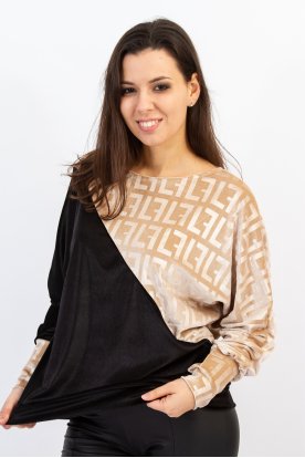 Divatos bársony kétszínű diagonál kockamintás hosszú ujjú passzés felső