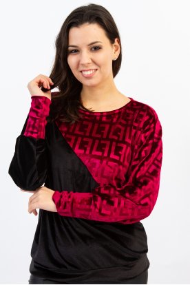 Divatos bársony kétszínű diagonál kockamintás hosszú ujjú passzés felső