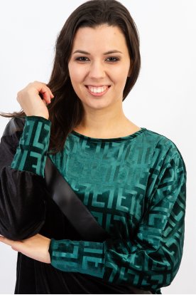 Divatos bársony diagonál kockamintás hosszú ujjú passzés felső bőr betettel