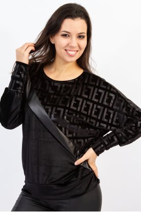 Divatos bársony diagonál kockamintás hosszú ujjú passzés felső bőr betettel