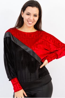 Divatos bársony diagonál kockamintás hosszú ujjú passzés felső bőr betettel