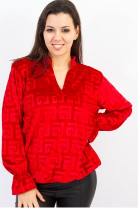 Divatos fényes bársonyhatású geometrikus mintás modern V-Nyakú gumis szegélyű és ujjú női felső