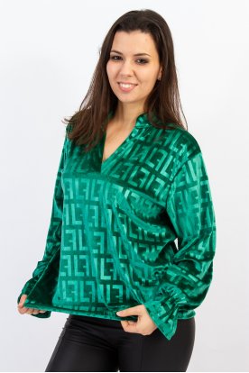 Divatos fényes bársonyhatású geometrikus mintás modern V-Nyakú gumis szegélyű és ujjú női felső