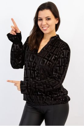 Divatos fényes bársonyhatású geometrikus mintás modern V-Nyakú gumis szegélyű és ujjú női felső