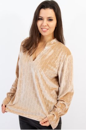 Divatos fényes bársonyhatású betüs mintás modern V-Nyakú gumis szegélyű és ujjú női felső