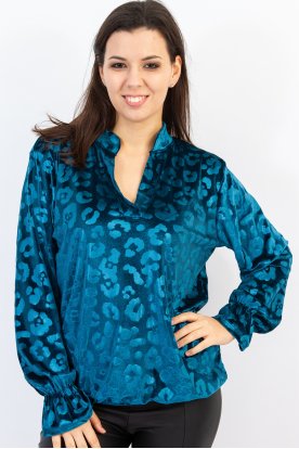 Divatos fényes bársonyhatású virág mintás modern V-Nyakú gumis szegélyű és ujjú női felső