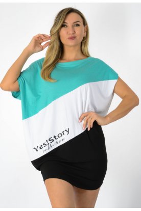 YESSTORY Stílusos aszimmetrikus rövid ujjú ferdén vágott bő fazonú trikolor, pamutkevert tunika tunika/ miniruha