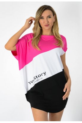 YESSTORY Stílusos aszimmetrikus rövid ujjú ferdén vágott bő fazonú trikolor, pamutkevert tunika tunika/ miniruha