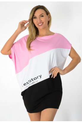 YESSTORY Stílusos aszimmetrikus rövid ujjú ferdén vágott bő fazonú trikolor, pamutkevert tunika tunika/ miniruha