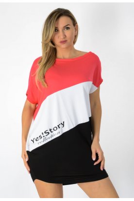 YESSTORY Stílusos aszimmetrikus rövid ujjú ferdén vágott bő fazonú trikolor, pamutkevert tunika tunika/ miniruha