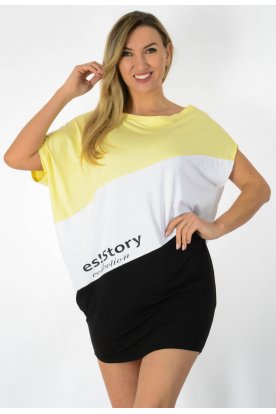 YESSTORY Stílusos aszimmetrikus rövid ujjú ferdén vágott bő fazonú trikolor, pamutkevert tunika tunika/ miniruha