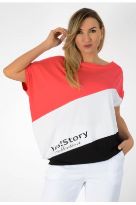 YESSTORY Aszimmetrikus rövid ujjú ferdén vágott bő fazonú trikolor, pamut, passzés aljú denevér ujjas női felső