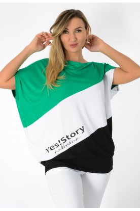 YESSTORY Aszimmetrikus rövid ujjú ferdén vágott bő fazonú trikolor, pamut, passzés aljú denevér ujjas női felső