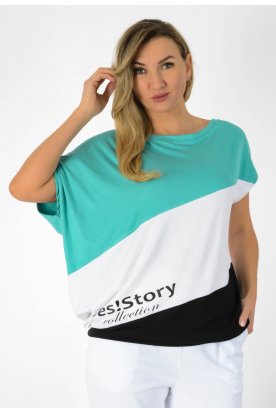 YESSTORY Aszimmetrikus rövid ujjú ferdén vágott bő fazonú trikolor, pamut, passzés aljú denevér ujjas női felső