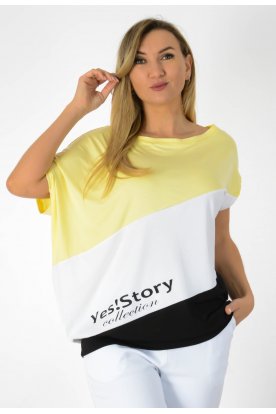 YESSTORY Aszimmetrikus rövid ujjú ferdén vágott bő fazonú trikolor, pamut, passzés aljú denevér ujjas női felső