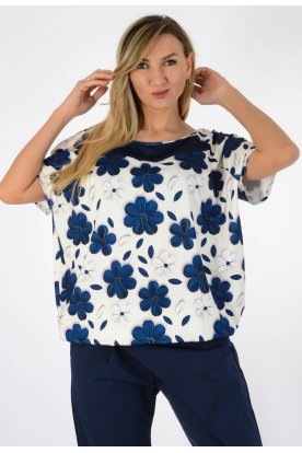 YESSTORY Divatos kerek nyakú rövid ujjú gumis aljú pamutkevert felső egyedi mintával