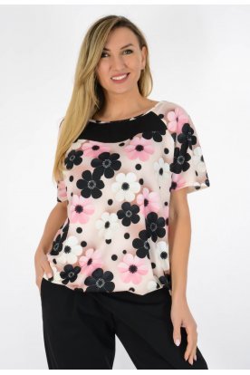 YESSTORY Divatos kerek nyakú rövid ujjú gumis aljú pamutkevert felső egyedi mintával