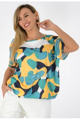 YESSTORY Divatos kerek nyakú rövid ujjú gumis aljú pamutkevert felső egyedi mintával