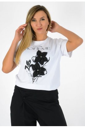 Divatos rövid ujjú Boheme stílusú Deluxe, limitált, pamut viragmintás női póló 