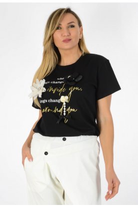 Divatos Deluxe rövid ujjú , limitált, pamut női póló fehér, fekete virággal