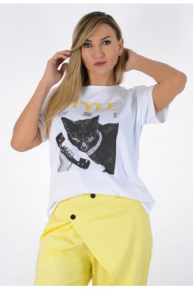 Divatos rövid ujjú pamut női póló stílusos macskás grafikával