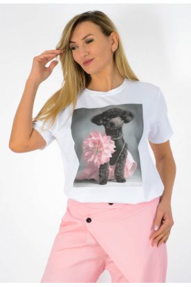 Divatos rövid ujjú elegáns pamut női póló romantikus kutyás és virágos mintával