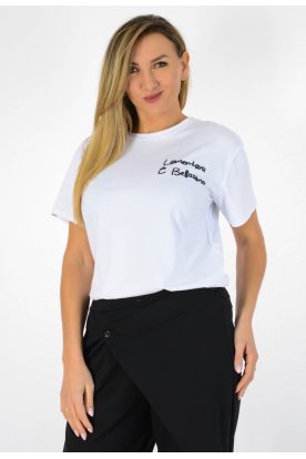 Divatos rövid ujjú elegáns pamut női póló stílusos feliratos dizájnnal