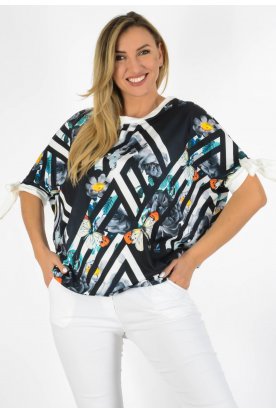 YESSTORY Aszimmetrikus ujján megkötős egyedi mintával bő fazonú  pamut, gumis aljú  női felső