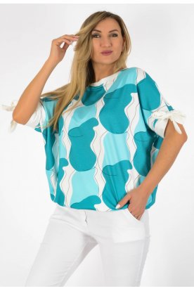 YESSTORY Aszimmetrikus ujján megkötős egyedi mintával bő fazonú  pamut, gumis aljú  női felső