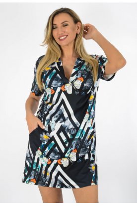 YESSTORY Divatos rövid ujjú zsebes egyedi mintás pamutkevert ingruha