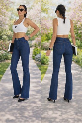 REDRESS JEANS Divatos sötétkék enyhén koptatott sportos női trapézszárú farmernadrág