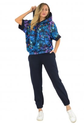 YESSTORY Divatos stílusos egyedi mintával kenguruzsebes gumis derekú pamut melegítő együttes