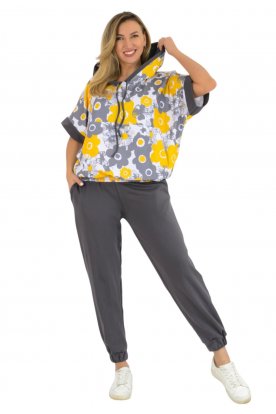 YESSTORY Divatos stílusos egyedi mintával kenguruzsebes gumis derekú pamut melegítő együttes