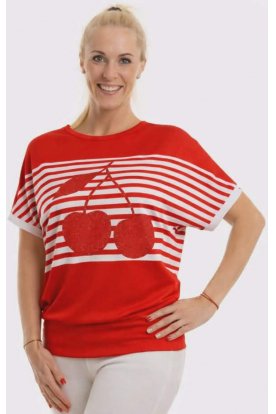 RUCY FASHION Rövid ujjú Cherry Bay csíkos piros  passzés aljú felső