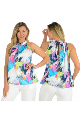 YESSTORY Divatos ujjatlan alul gumírozott hátul nyakban megkötős egyedi mintás felső