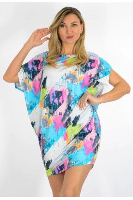 YESSTORY Stílusos aszimmetrikus rövid ujjú  bő fazonú egyedi mintával pamutkevert tunika/ miniruha