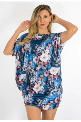 YESSTORY Stílusos aszimmetrikus rövid ujjú  bő fazonú egyedi mintával pamutkevert tunika/ miniruha