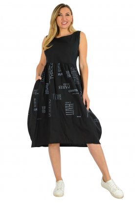 Divatos női ujjatlan zsebes egyedi mintával passzé-vászon kombinált midi hagymaruha