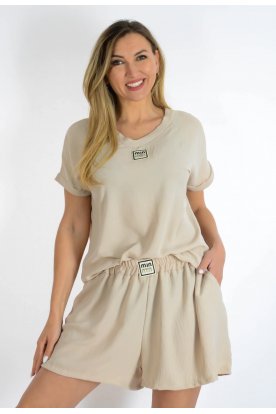 Divatos női rövidujjas és zsebes rövidnadágos muszlin anyagú együttes