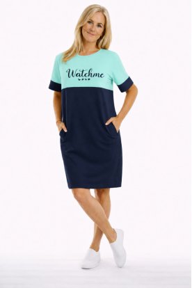 RUCY FASHION Divatos rövid ujjú zsebes női mini ruha CITY DRESS SÖTÉTKÉK-MENTAZÖLD