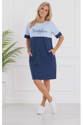 RUCY FASHION Divatos rövid ujjú zsebes női mini ruha CITY DRESS SÖTÉTKÉK-RÓZSASZÍN
