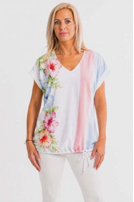 RUCY FASHION Alkalmi elegáns V-nyakú Adriana elegáns resort felső fehér-virágminta