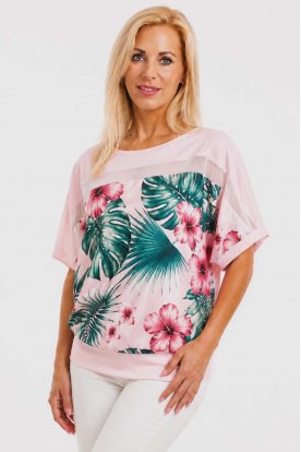 RUCY FASHION Divatos Hibiszkusz mintás passzés aljú tüll betéttel rövid ujjú felső