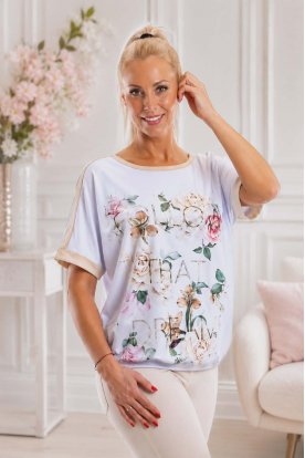 RUCY FASHION Divatos rövid ujjú gumis derekú mintás női felső feliratos-virágos mintával