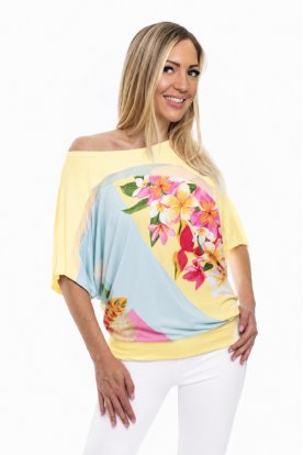 RUCY FASHION Divatos rövid ujjú sárga bordür tropical mintás passzés felső